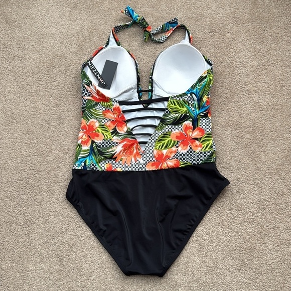 NWT Jantzen Plunge V Neck Halter Tie Wireless Floral One Piece Swimsuit Size 16 - Picture 3 of 8